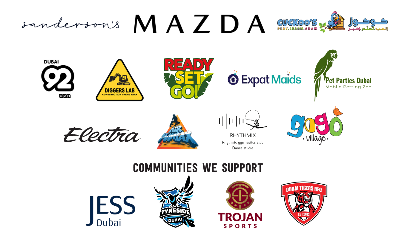 Season partners of The Ripe Market - Academy Park including Just Play, Padel Park Dubai, Kraze Adventure Zone, Pet Parties Dubai, Al Jiyad Stables, Gymboree Play & Music, Mazda, GoGo Village, Electra Bikes, Rhythmix Studio, Diggers Lab, Expat Maids, Cuckoos, Sandersons, Ready Set Go, Trojans Swimming, Tigers Rugby, JESS, Dubai 92 Radio