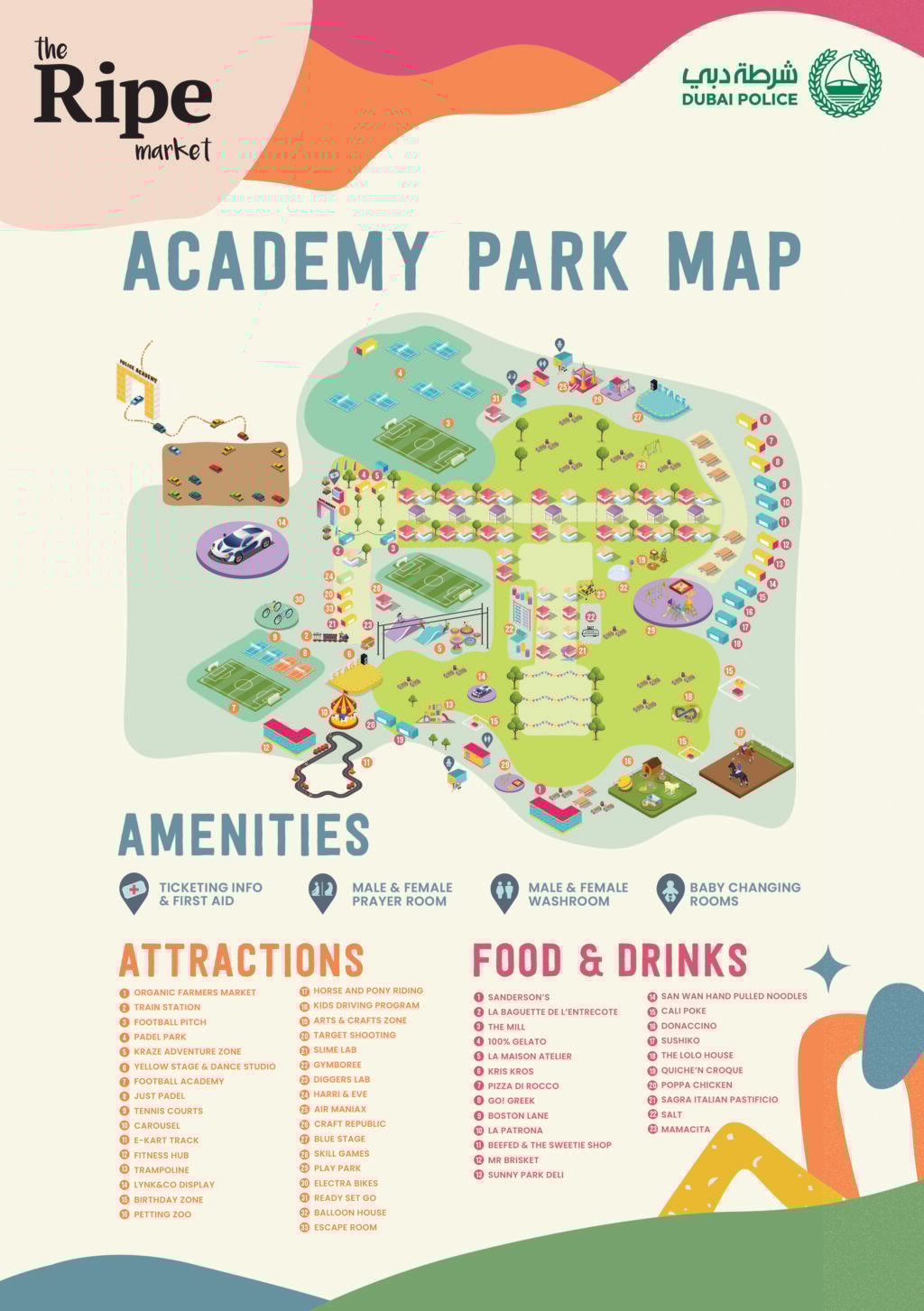 Map of The Ripe Market - Academy Park Dubai showing vendor areas, stage, kids zone and activity spaces.