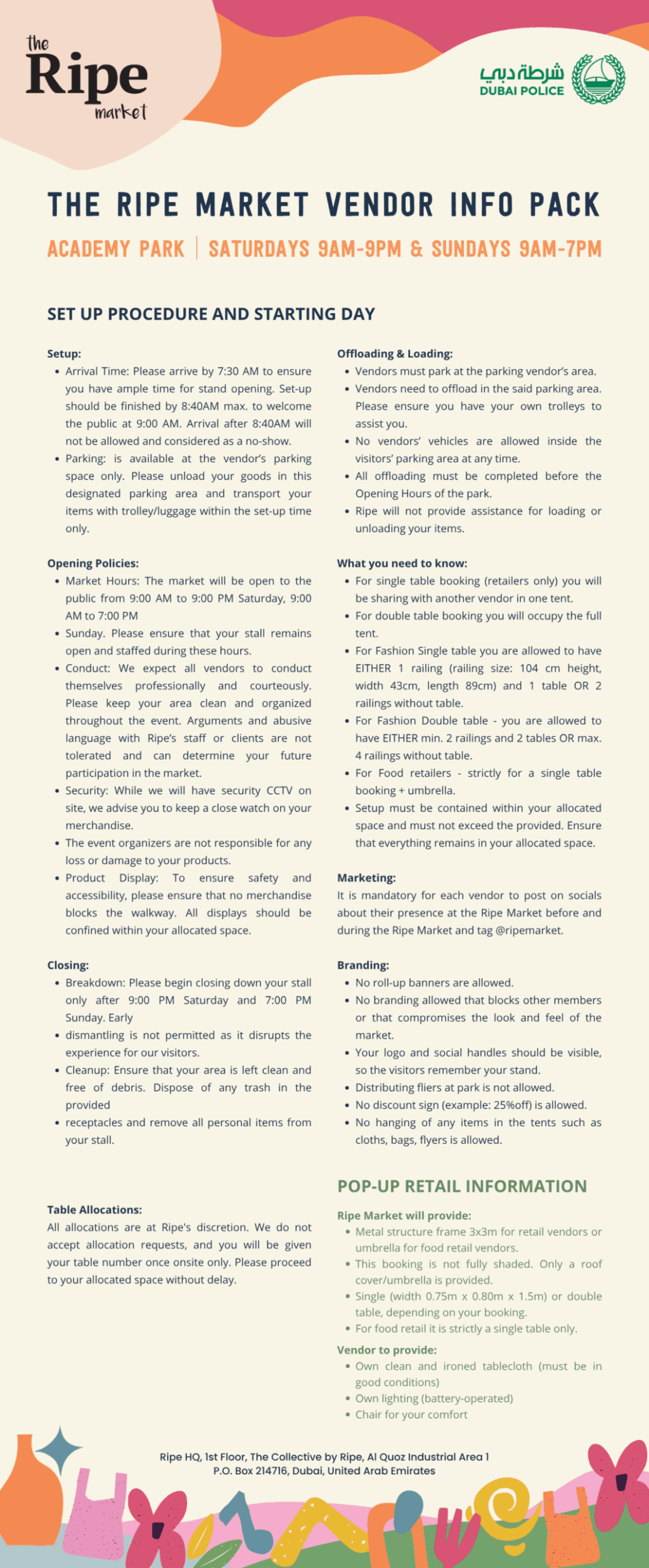 Vendor information pack detailing guidelines at The Ripe Market – Academy Park Dubai.