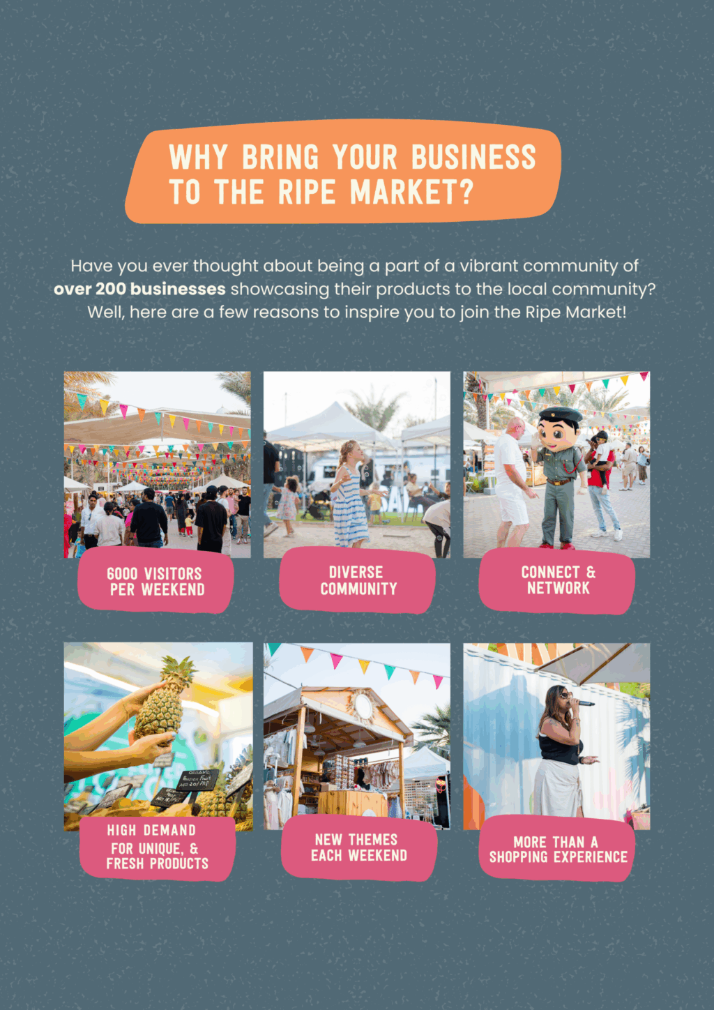 Promotional poster inviting businesses to join The Ripe Market – Academy Park Dubai vendor community.