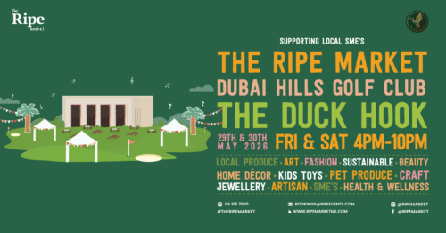 Wide promotional banner for The Ripe Market pop-up at The Duck Hook, Dubai Hills Golf Club, featuring illustrated outdoor market tents, greenery, and event details for 29th and 30th May 2026.