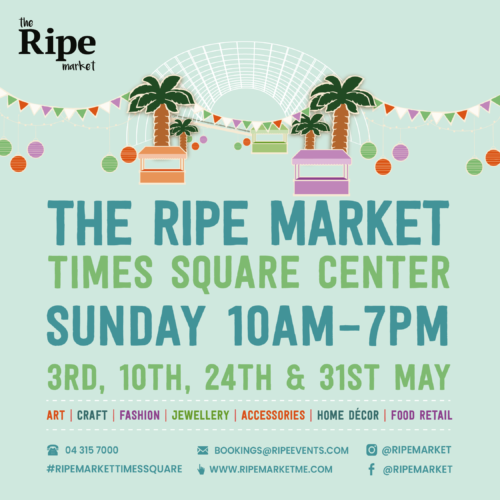 Illustrated poster for The Ripe Market at Times Square Center Dubai with dates, timings and indoor market details.