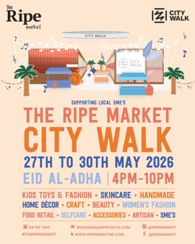 Illustrated promotional poster for The Ripe Market City Walk Eid Al-Adha pop-up market in Dubai featuring market stalls, palm trees, local SME categories, and event details for 27th to 30th May 2026.