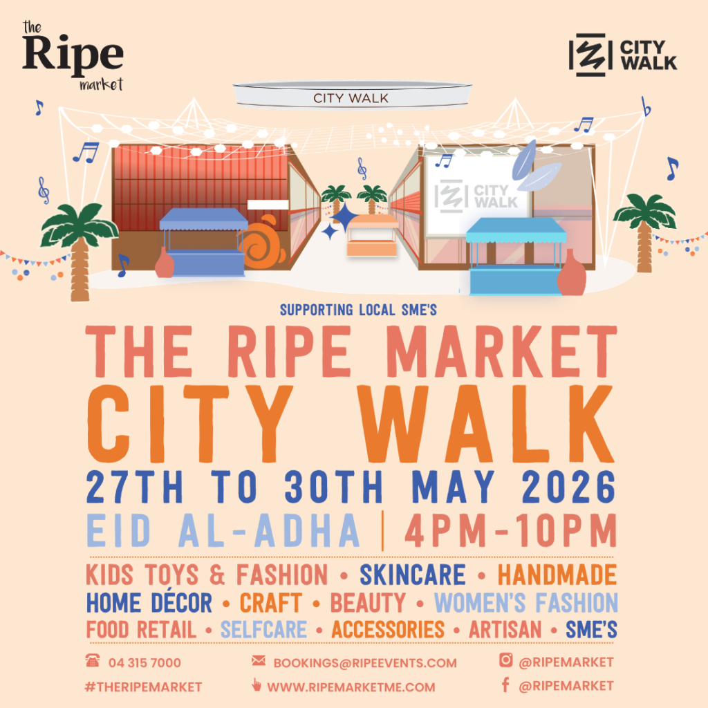 Illustrated square poster for The Ripe Market City Walk Eid Al-Adha Pop-Up 2026 featuring colourful market stalls, palm trees, music-inspired graphics, and event details for the four-day Dubai market.