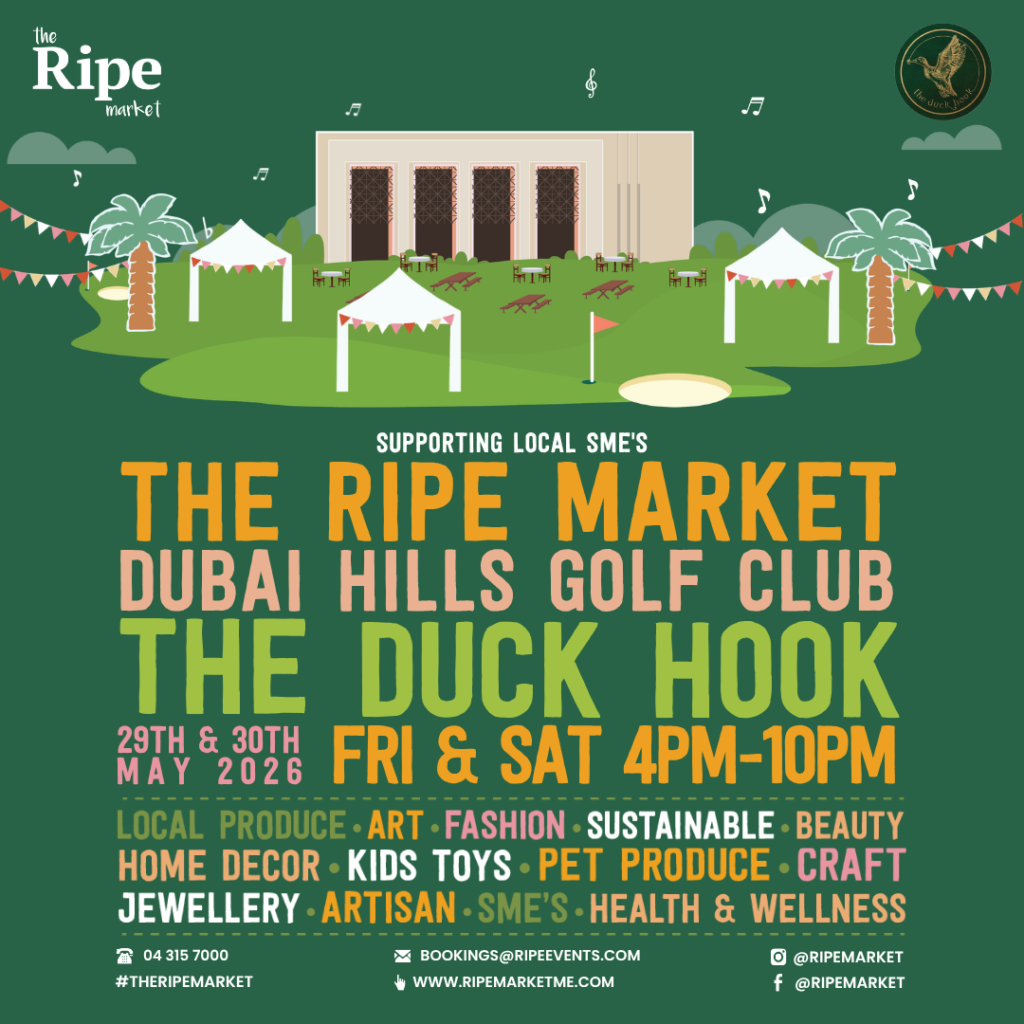 Illustrated promotional poster for The Ripe Market pop-up at The Duck Hook, Dubai Hills Golf Club, featuring outdoor market tents, greenery, and event details for 29th and 30th May 2026.