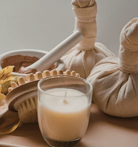 Natural wellness and self-care products, including herbal compresses, candles, and artisan wellness essentials, displayed by a local SME at The Ripe Market at Hillhouse Brasserie, Dubai Hills Golf Club.
